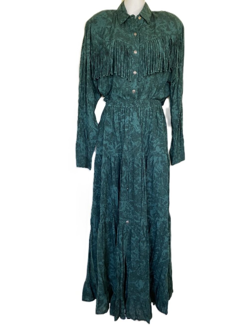 Circle T Marilyn Lenox Western Set Fringe Shirt + Maxi Skirt Green Print Vintage